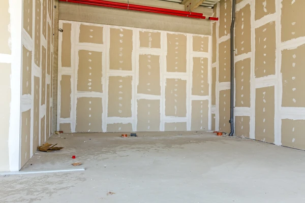 Ouvrier en tenue de travail installant des panneaux de placo sur mur intérieur, chantier de construction avec mur en briques apparentes